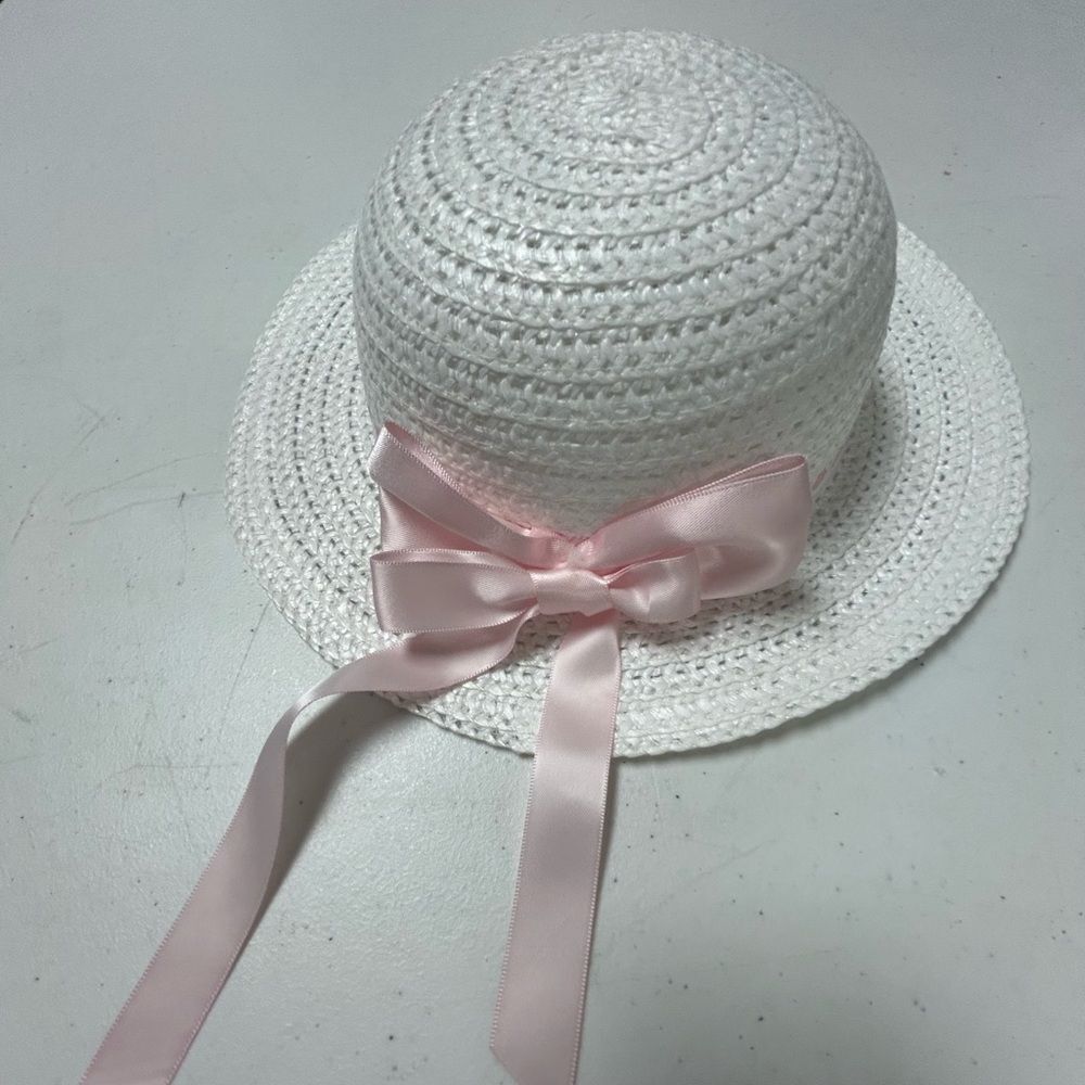 NWT Strasburg White Hat with Pink Ribbon girls Size Small 2-4